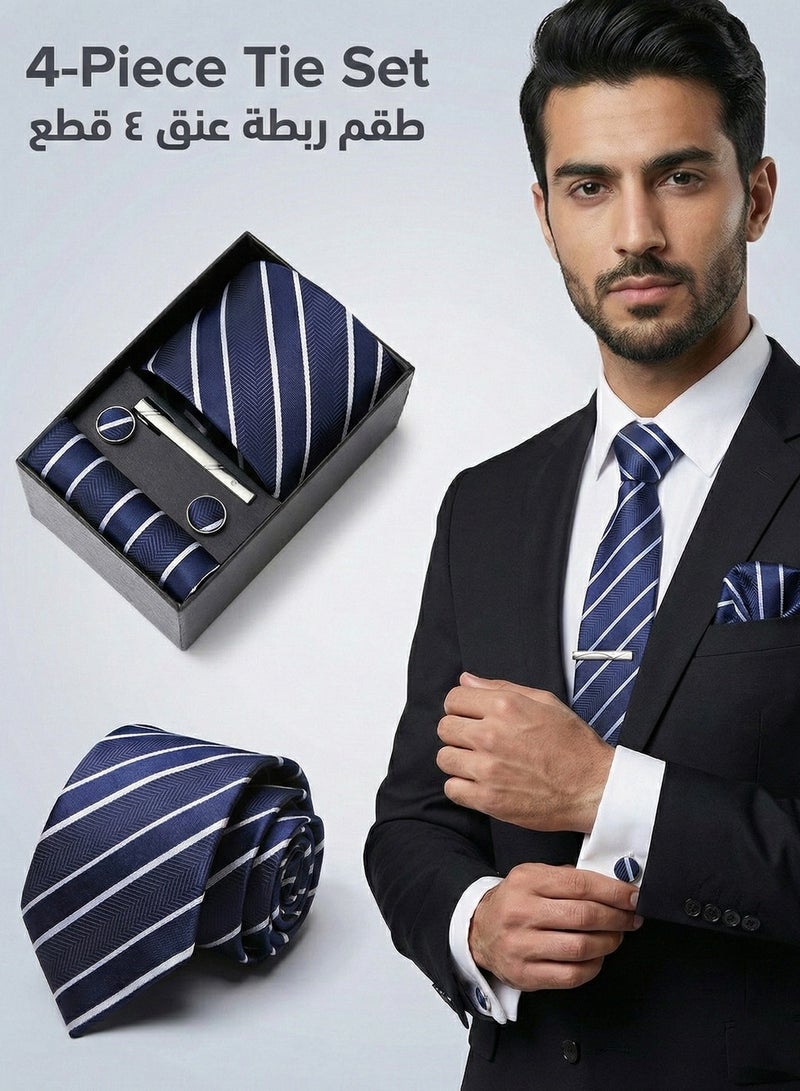 FIORICASA 4-Piece Men's Necktie Gift Set - Navy Blue & White Diagonal Striped Jacquard Tie with Matching Cufflinks, Pocket Square & Tie Clip for Business & Office - Image 1